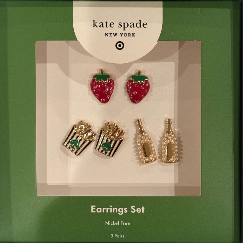 Kate Spade x Target Earring Trio - Strawberry, Champagne, & French Fry Studs NWT